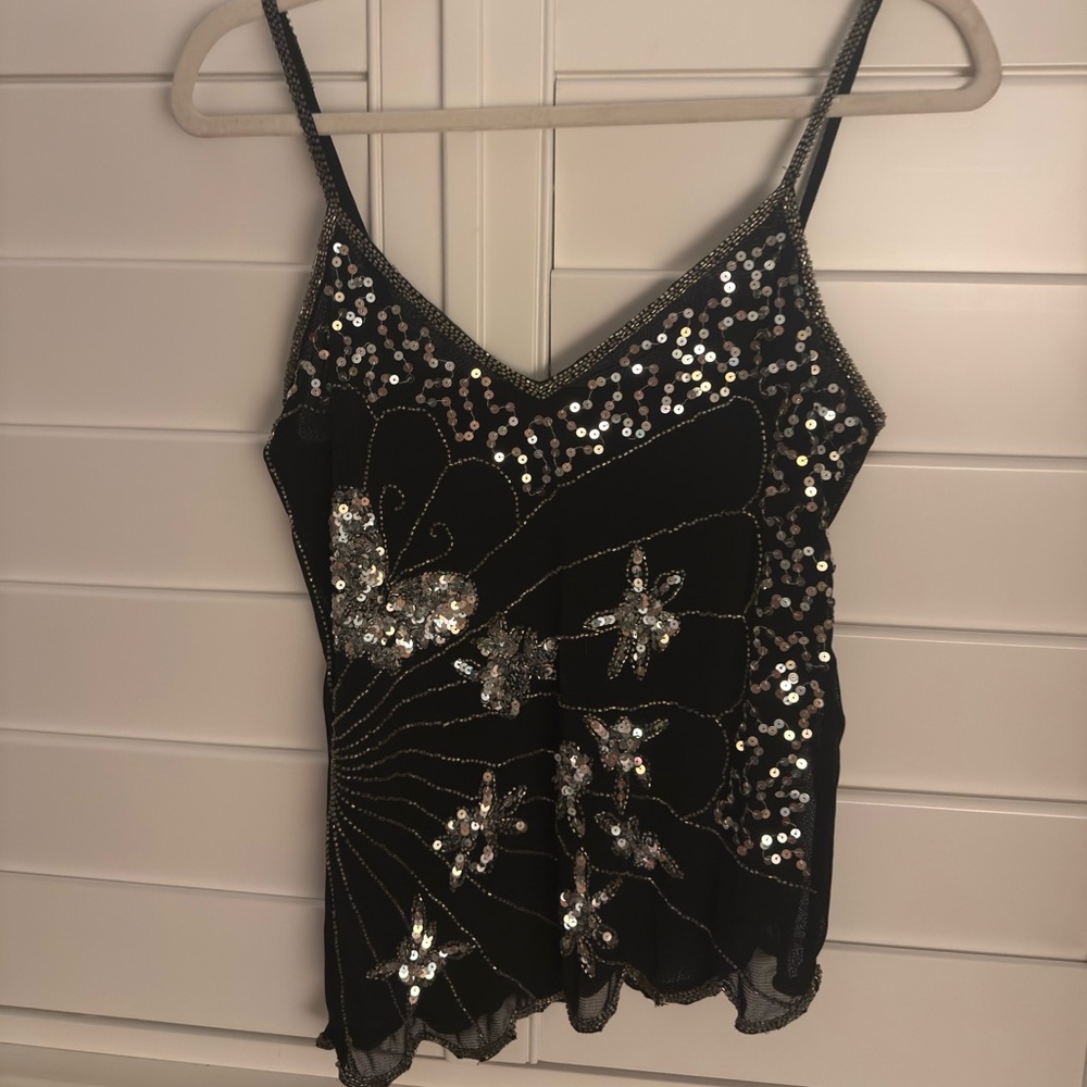 Y2k 90s Black and Silver Sequin Women's Mesh Camisole